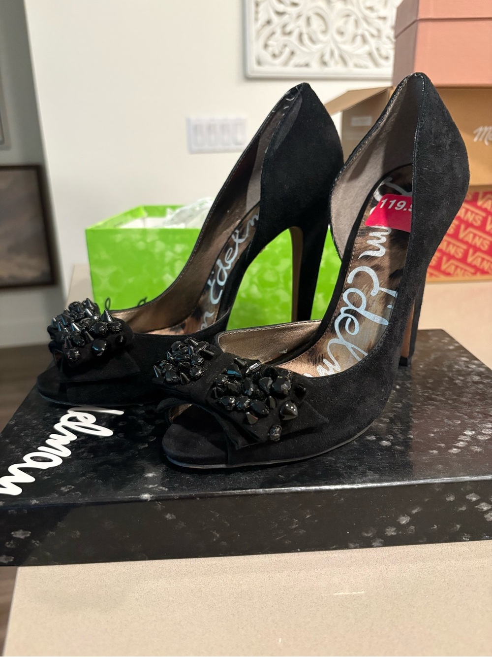 Sam Edelman Black Suede Peep-Toe Heels with Embellishment